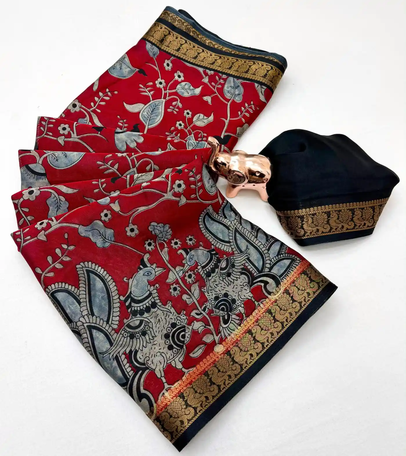 Crimson Red with Black Kalamkari Printed Dola Silk Saree